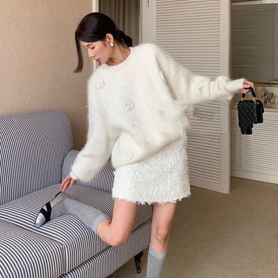 White Sequined High Waist Skirt