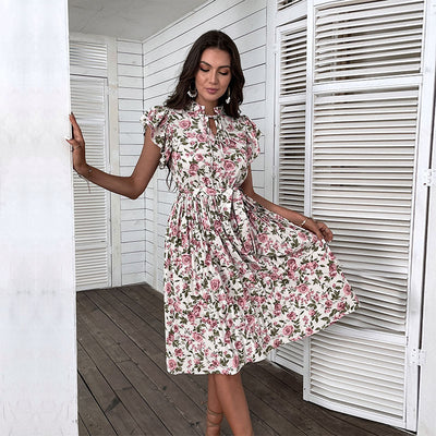 Pleated Floral Ruffle Sleeve Lace-Up Dress