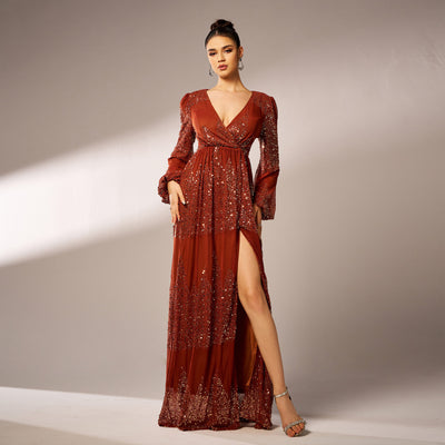 Long Sleeve V-neck Sequined Evening Dress