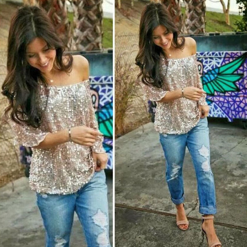 Loose Off Shoulder Sequin Glitter Blouse