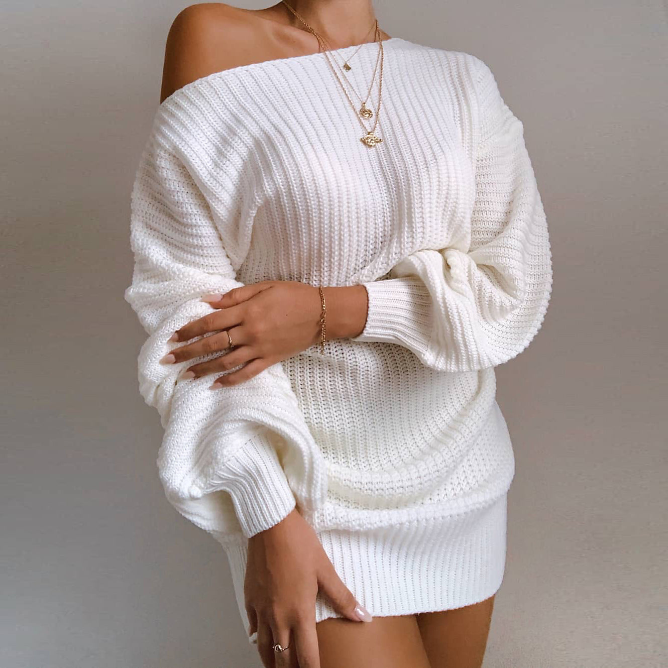 Women Off-shoulder Knitted Sweater Dress