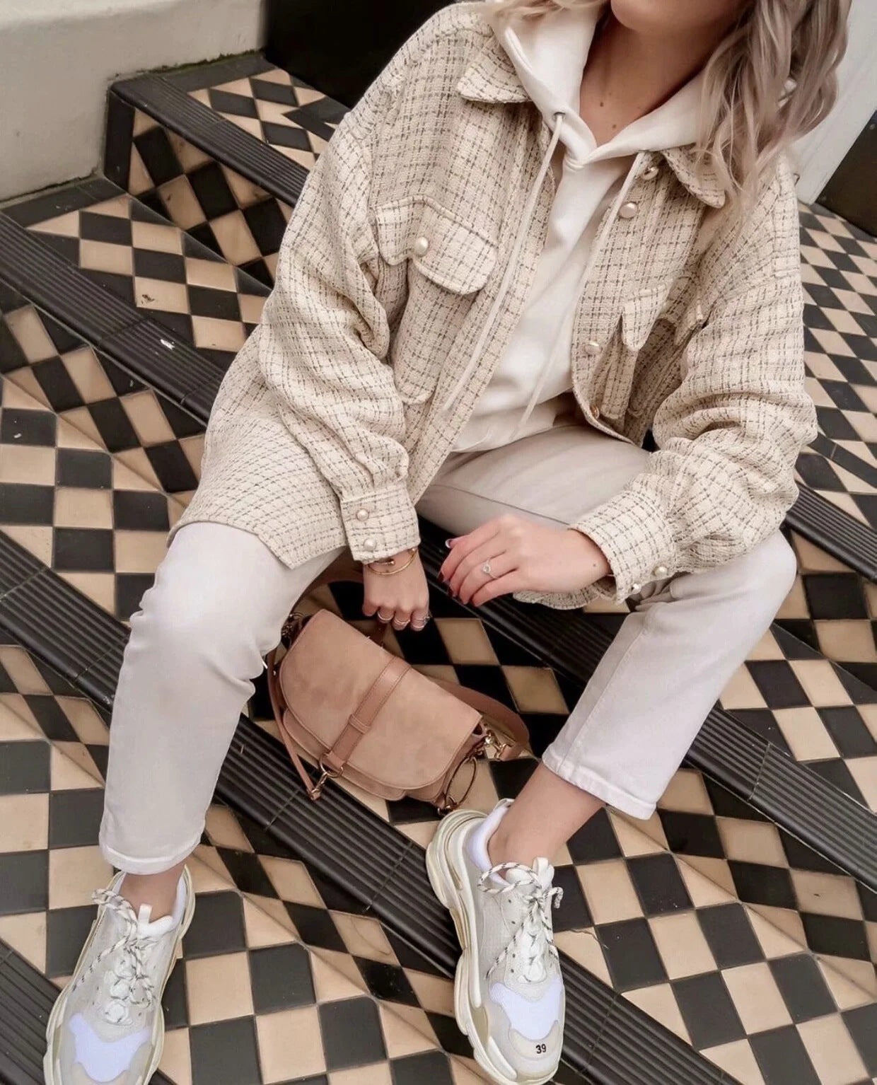 Plaid Coat with Pearl Buttons