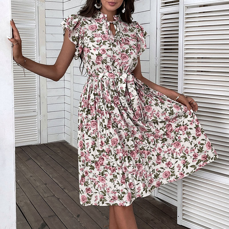 Pleated Floral Ruffle Sleeve Lace-Up Dress