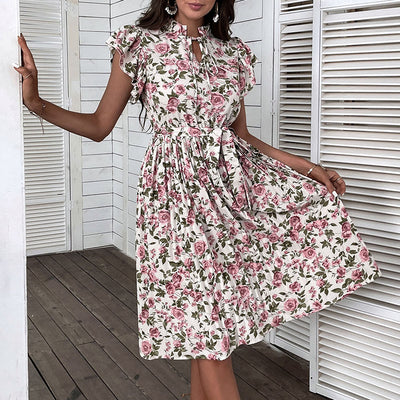 Pleated Floral Ruffle Sleeve Lace-Up Dress