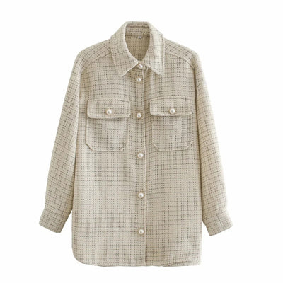 Plaid Coat with Pearl Buttons