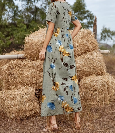 Printed Short-Sleeve Long Dress