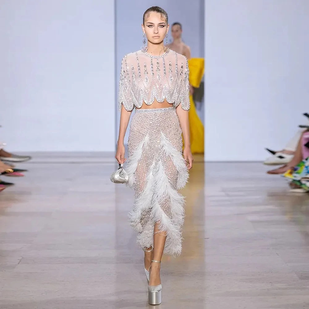 Silver Nude Slim Fit Feather Shawl Evening Dress