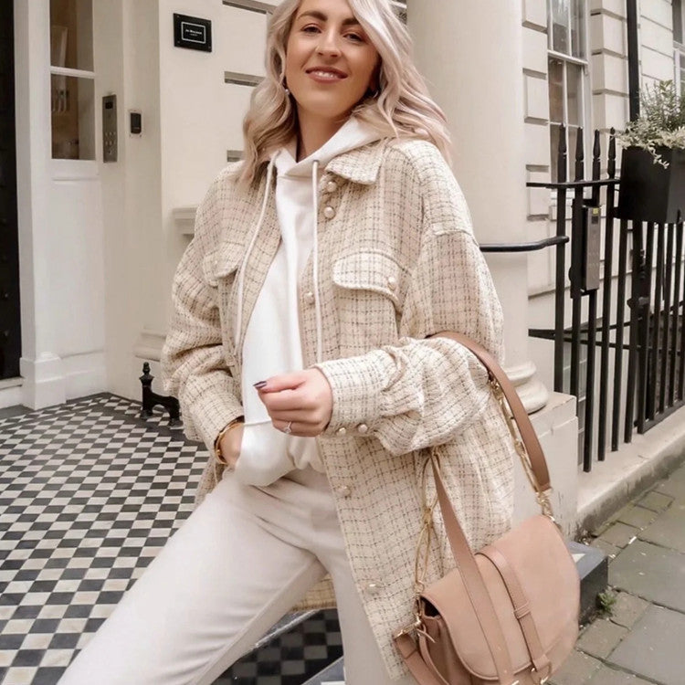 Plaid Coat with Pearl Buttons