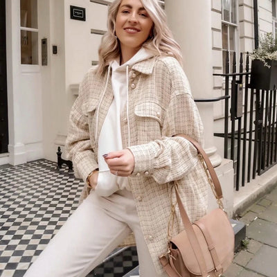Plaid Coat with Pearl Buttons