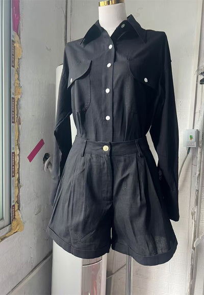 Loose Long Sleeve Cotton Linen High Waist Shorts Suit