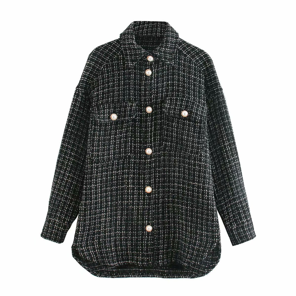 Plaid Coat with Pearl Buttons