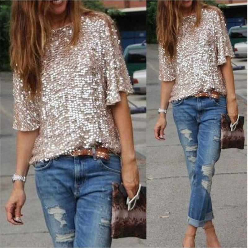 Loose Off Shoulder Sequin Glitter Blouse