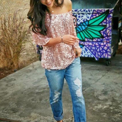 Loose Off Shoulder Sequin Glitter Blouse
