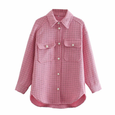 Plaid Coat with Pearl Buttons