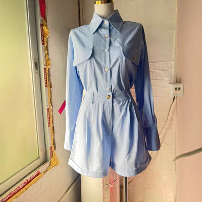 Loose Long Sleeve Cotton Linen High Waist Shorts Suit