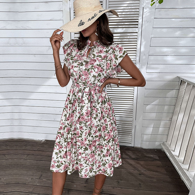 Pleated Floral Ruffle Sleeve Lace-Up Dress
