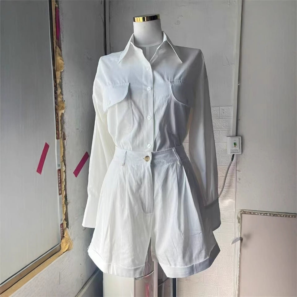 Loose Long Sleeve Cotton Linen High Waist Shorts Suit