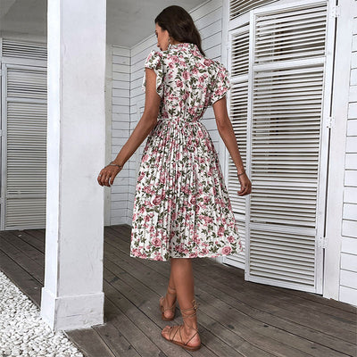 Pleated Floral Ruffle Sleeve Lace-Up Dress