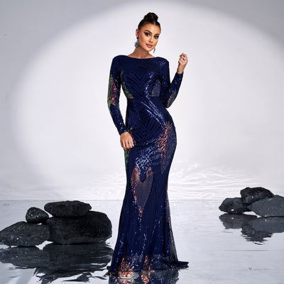 Long Sleeve Crew Neck Sequined Evening Dress