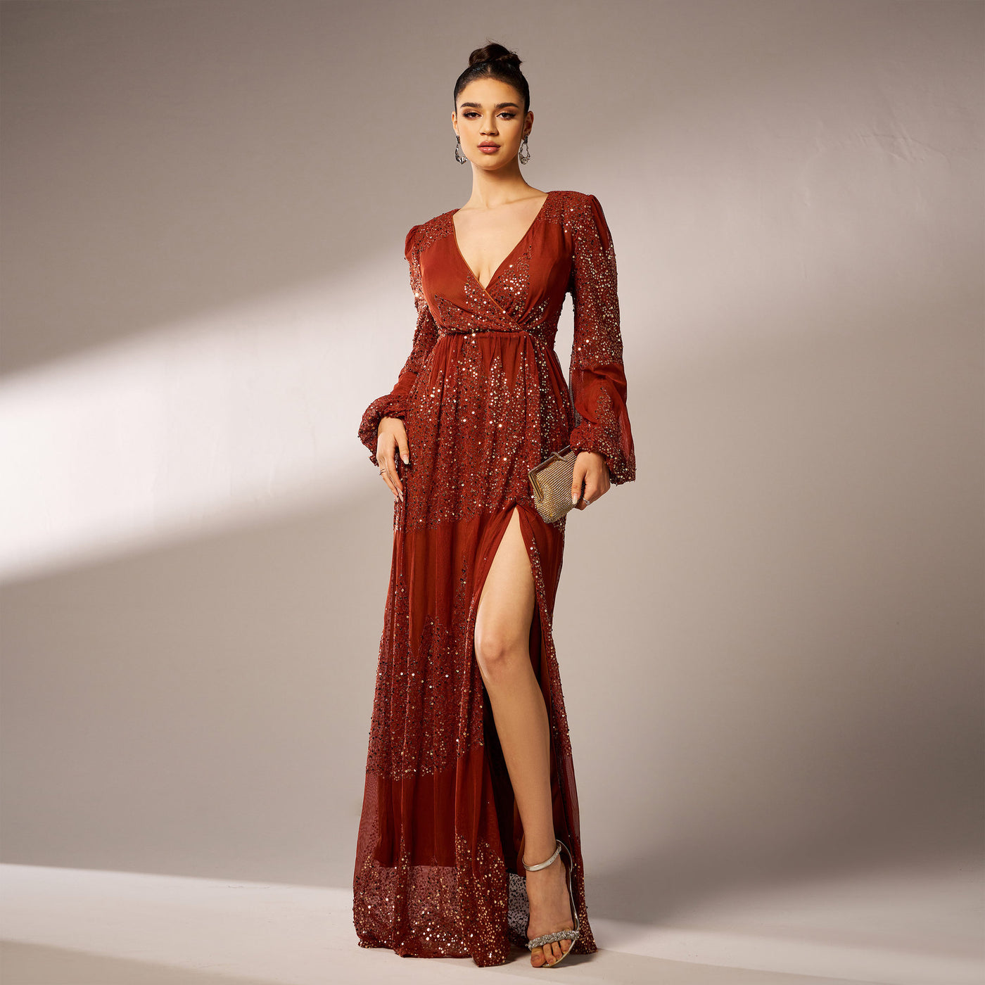 Long Sleeve V-neck Sequined Evening Dress
