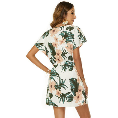 Printed V-Neck Dolman Sleeve Beach Dress