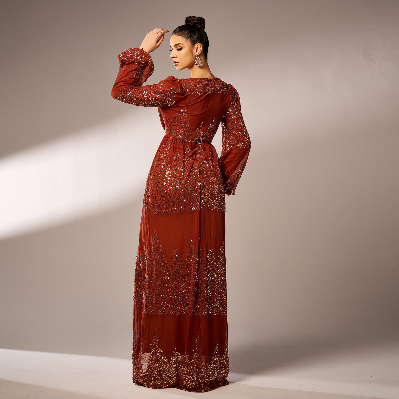 Long Sleeve V-neck Sequined Evening Dress