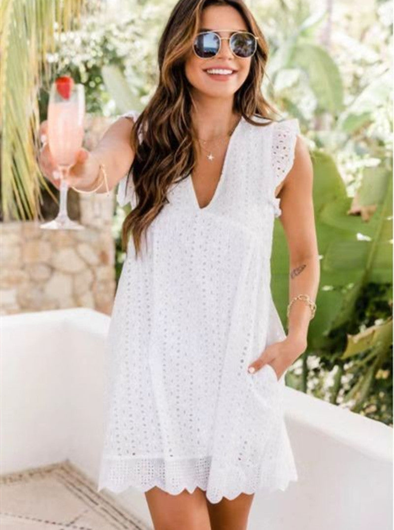 Lace Sleeveless Jacquard V-Neck Dress