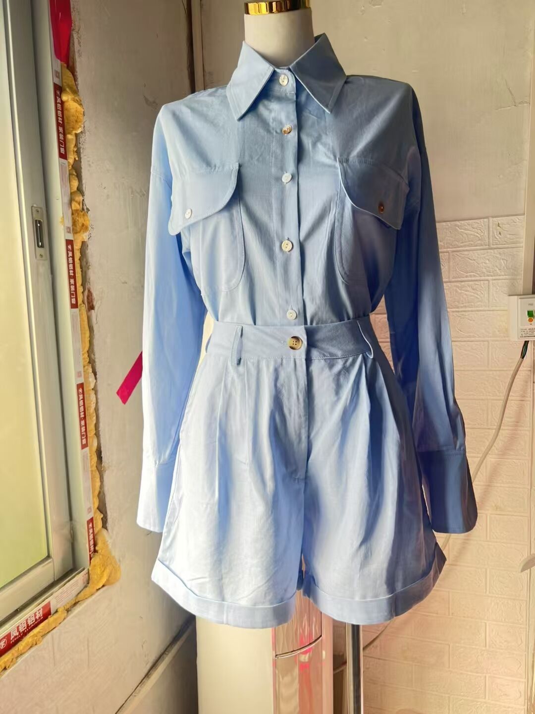 Loose Long Sleeve Cotton Linen High Waist Shorts Suit