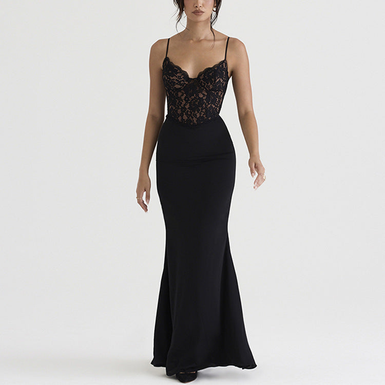 Lace High Waist Long Dress - Deep V Strap Fishtail Gown