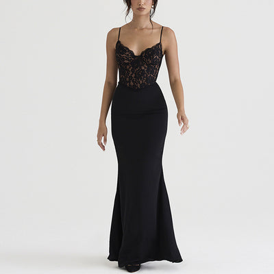 Lace High Waist Long Dress - Deep V Strap Fishtail Gown