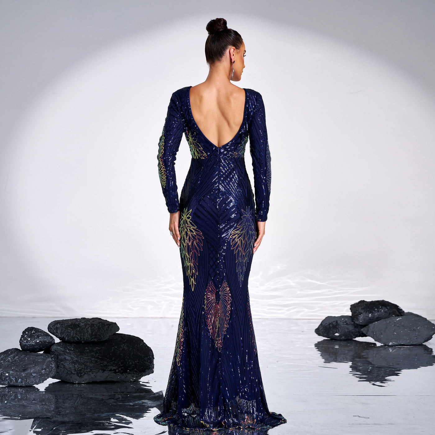 Long Sleeve Crew Neck Sequined Evening Dress