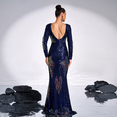 Long Sleeve Crew Neck Sequined Evening Dress