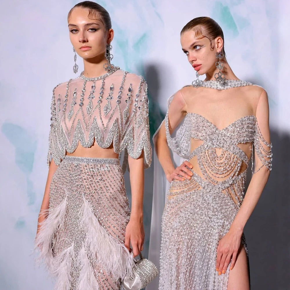 Silver Nude Slim Fit Feather Shawl Evening Dress