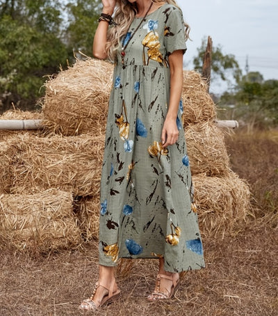 Printed Short-Sleeve Long Dress