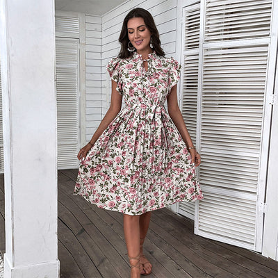 Pleated Floral Ruffle Sleeve Lace-Up Dress