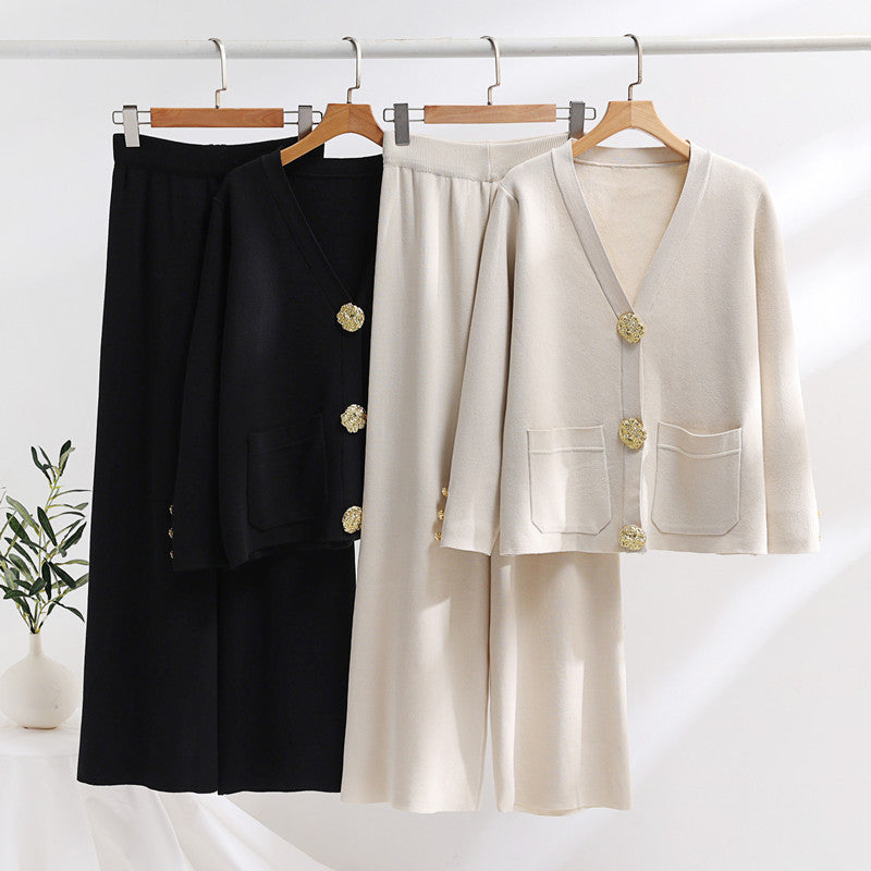 Contrast Button Sweater & Wide-Leg Pants Set