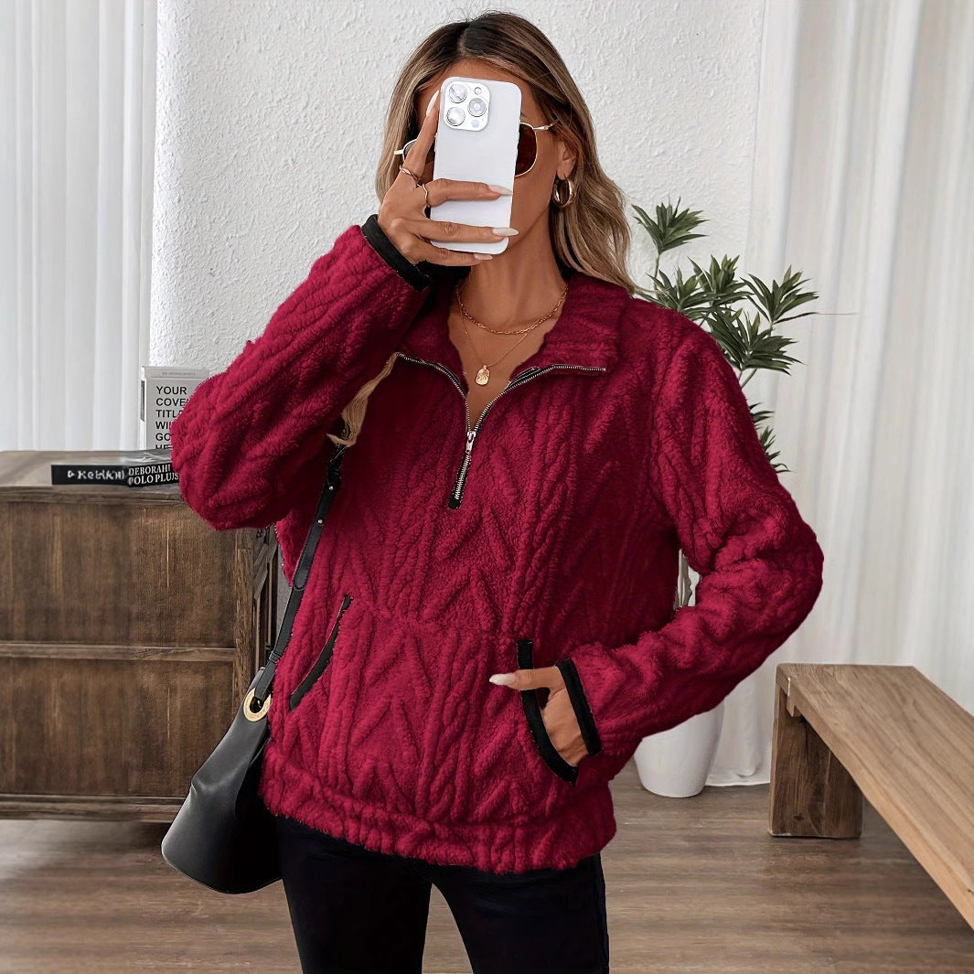 Lapel Jacquard Half Zipper Pullover