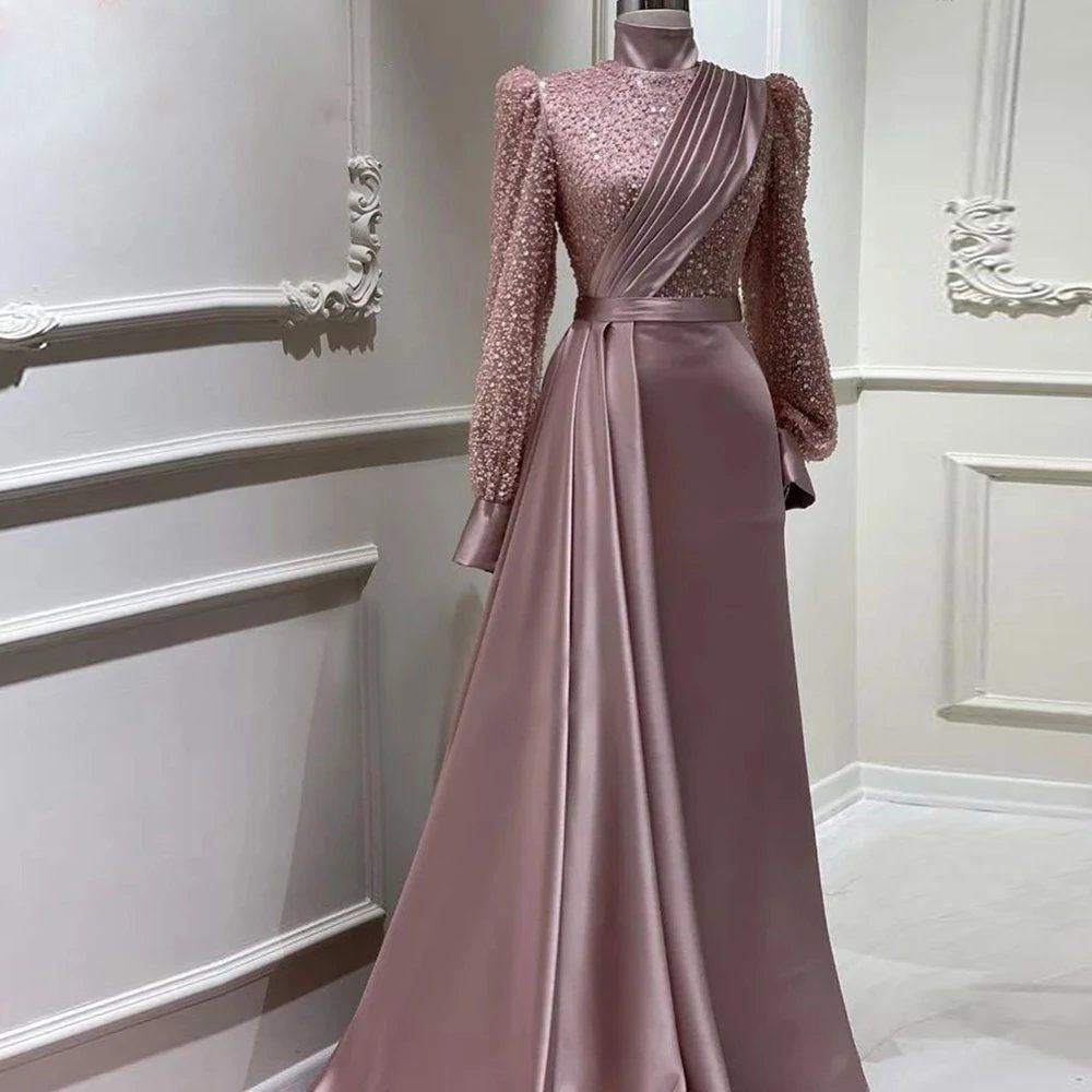 Stand Collar Long Sleeve Evening Dress
