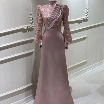 Stand Collar Long Sleeve Evening Dress