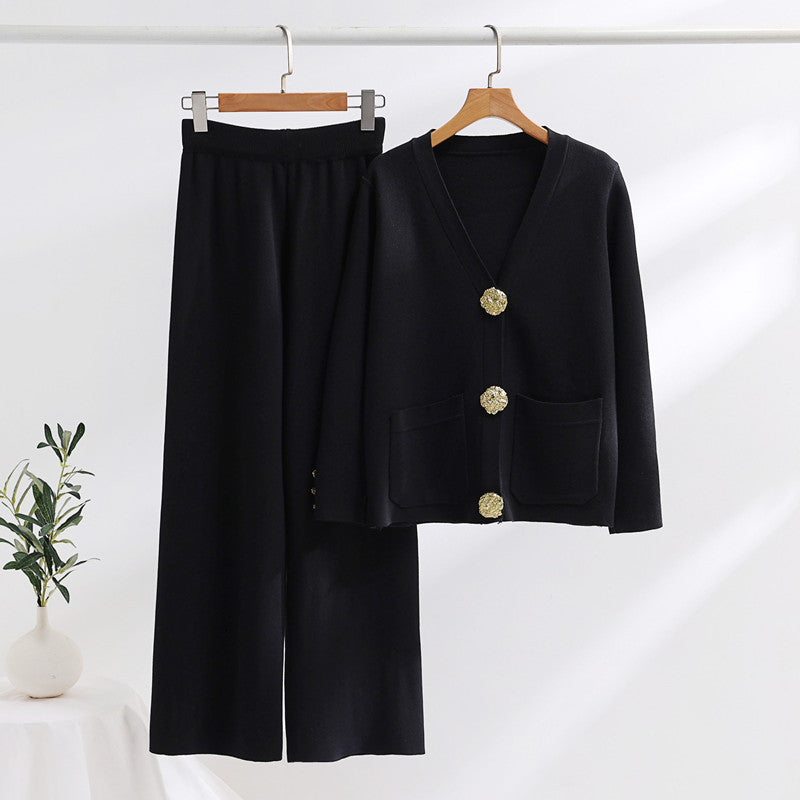 Contrast Button Sweater & Wide-Leg Pants Set