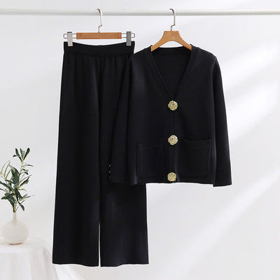 Contrast Button Sweater & Wide-Leg Pants Set