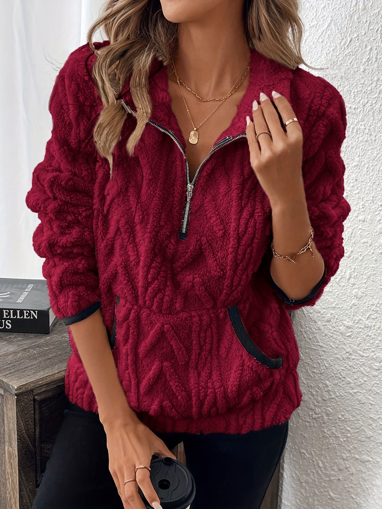 Lapel Jacquard Half Zipper Pullover