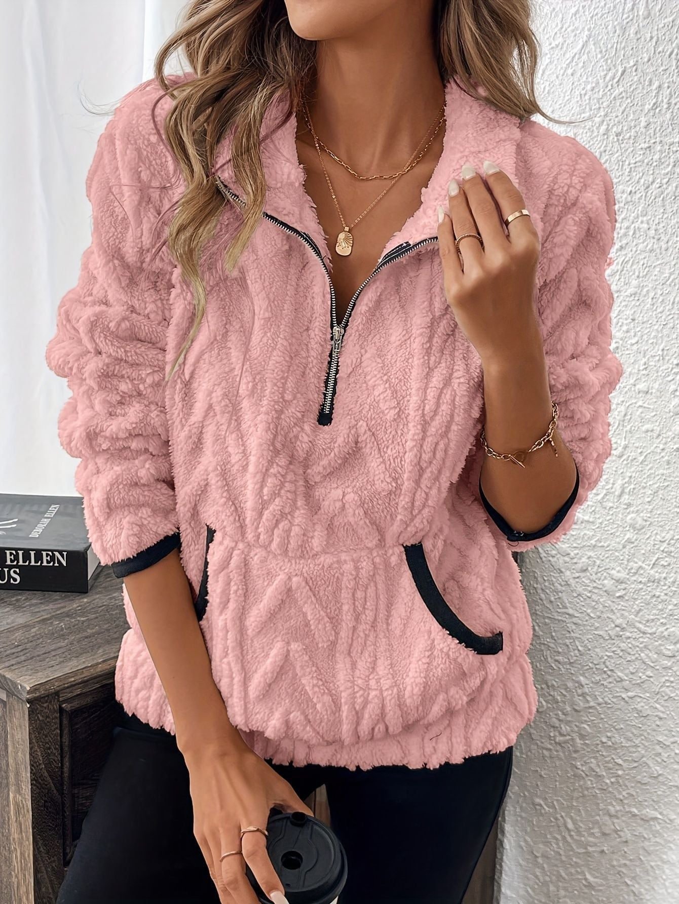 Lapel Jacquard Half Zipper Pullover