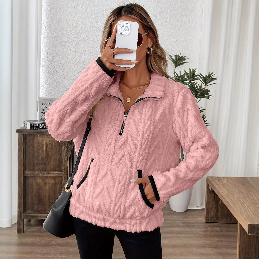 Lapel Jacquard Half Zipper Pullover