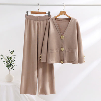 Contrast Button Sweater & Wide-Leg Pants Set