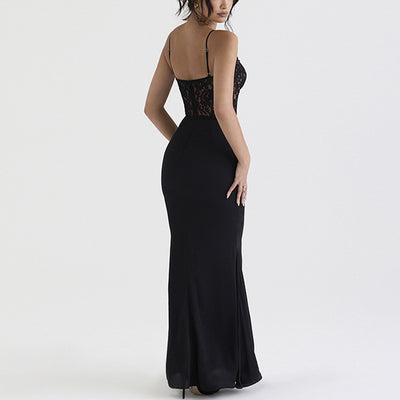 Lace High Waist Long Dress - Deep V Strap Fishtail Gown