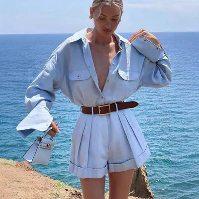 Loose Long Sleeve Cotton Linen High Waist Shorts Suit