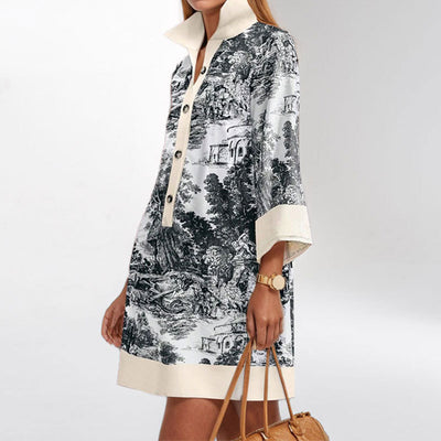 Ink Painting Print Lapel Dress