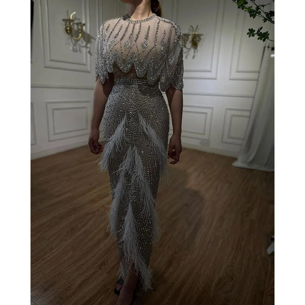 Silver Nude Slim Fit Feather Shawl Evening Dress