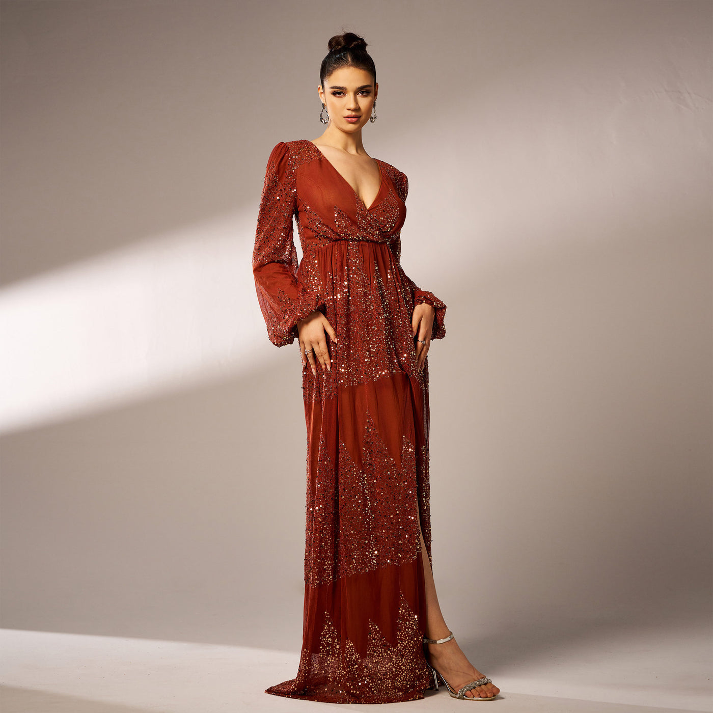 Long Sleeve V-neck Sequined Evening Dress